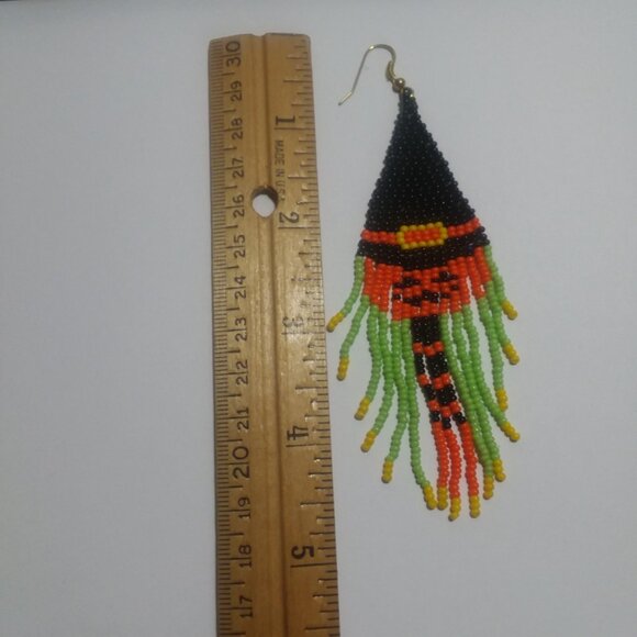 Pumpkin Wearing a Witches Hat Beaded Earrings - Picture 2 of 4